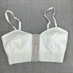 Bebe White Bustier Cropped Top with Jewelled Front Band